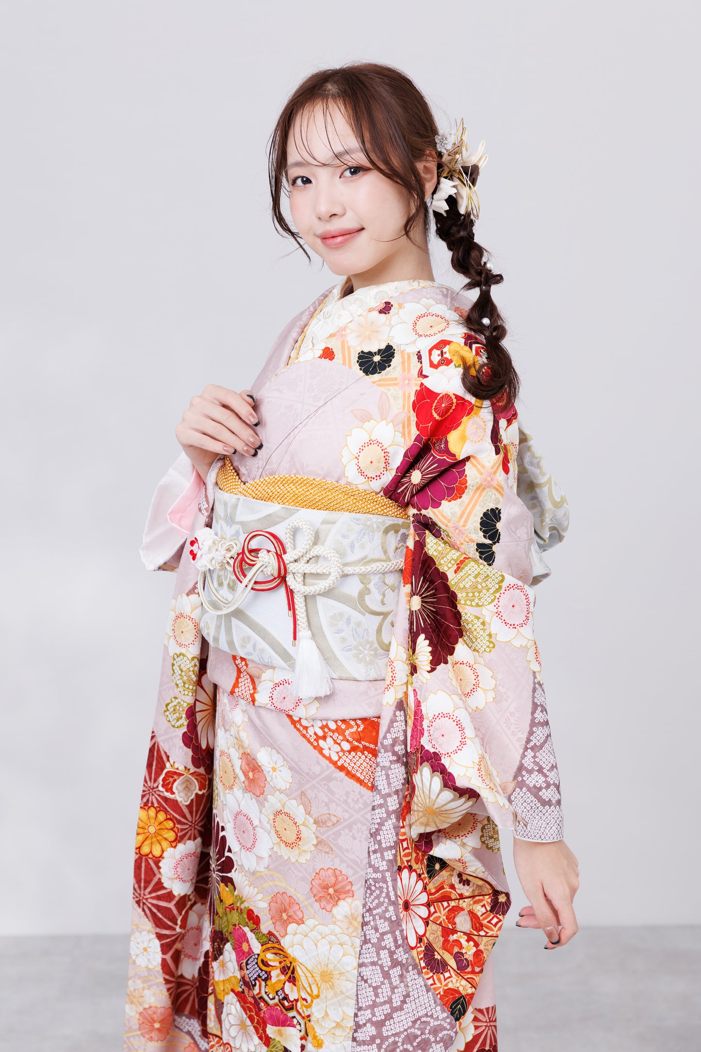 くすみピンク　丸菊　古典　正絹振袖【814】