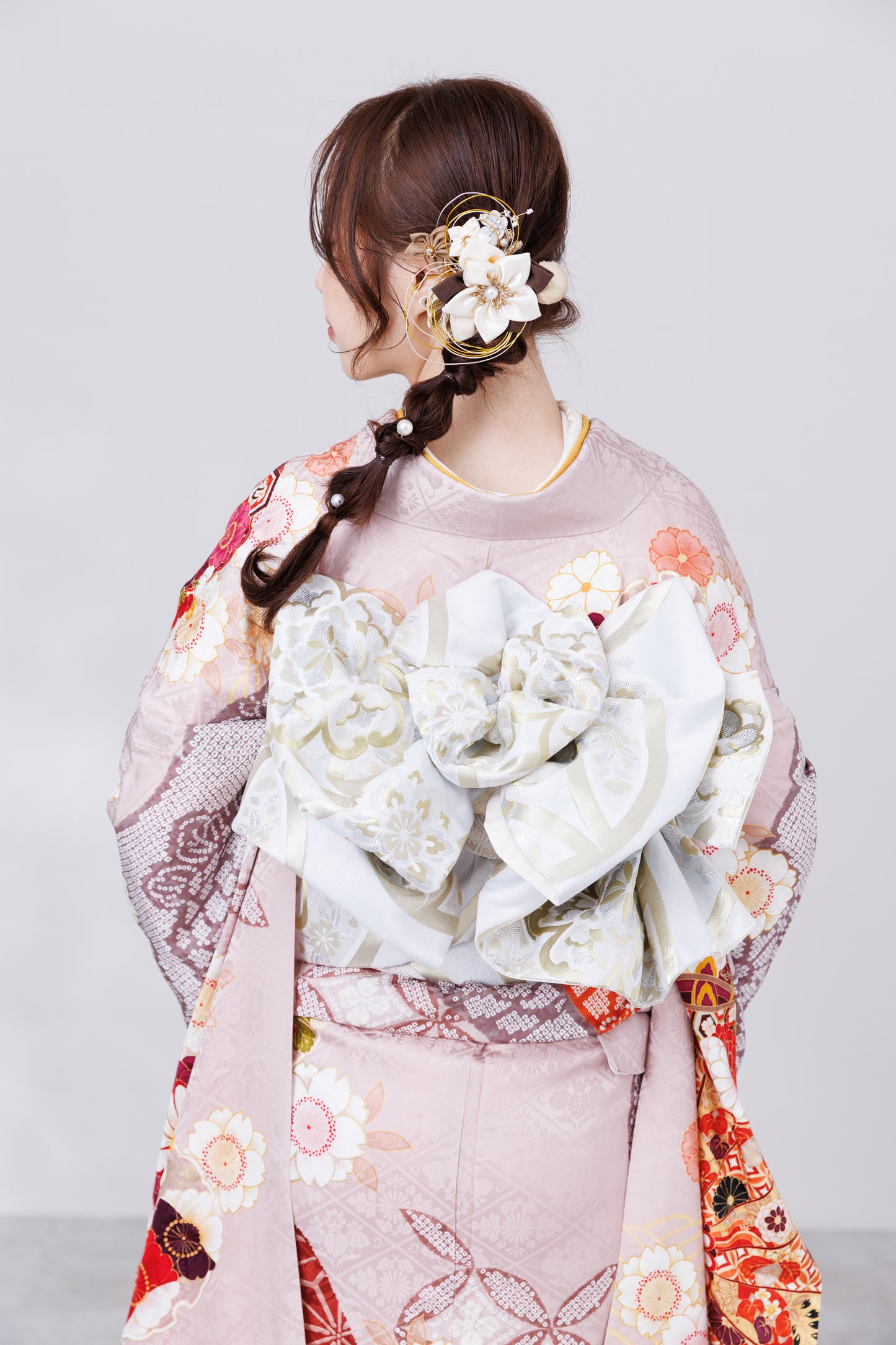 くすみピンク　丸菊　古典　正絹振袖【814】