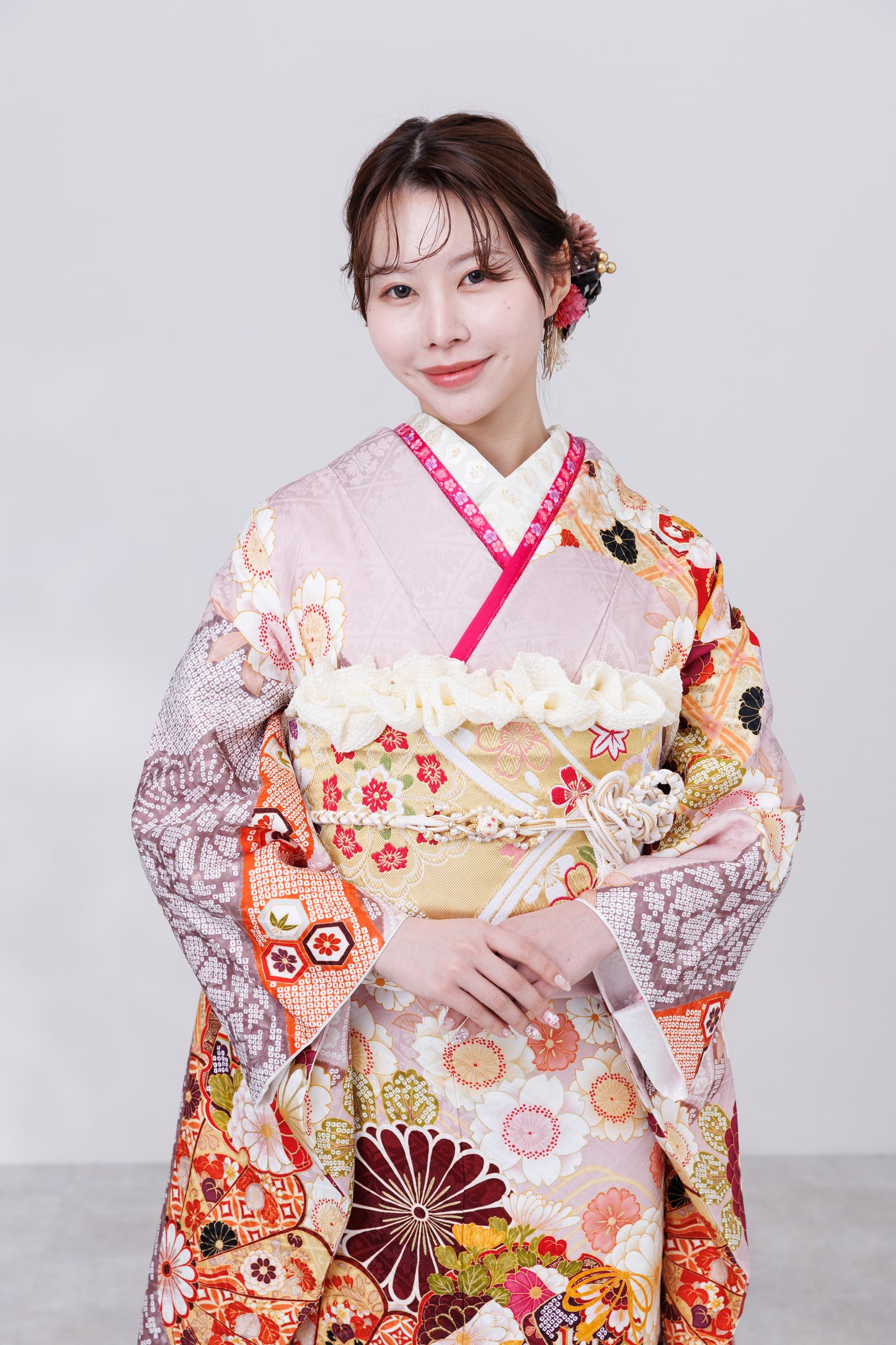 くすみピンク　丸菊　古典　正絹振袖【830】