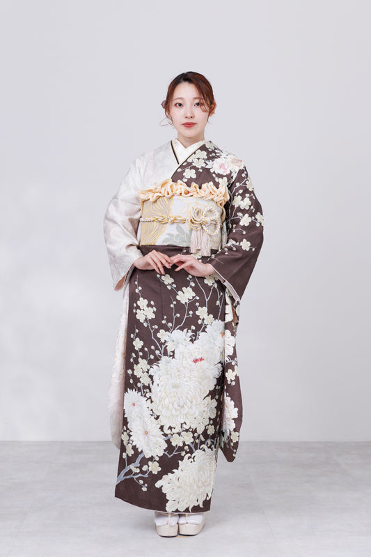 ブラウン　乱菊　牡丹　正絹振袖【804】