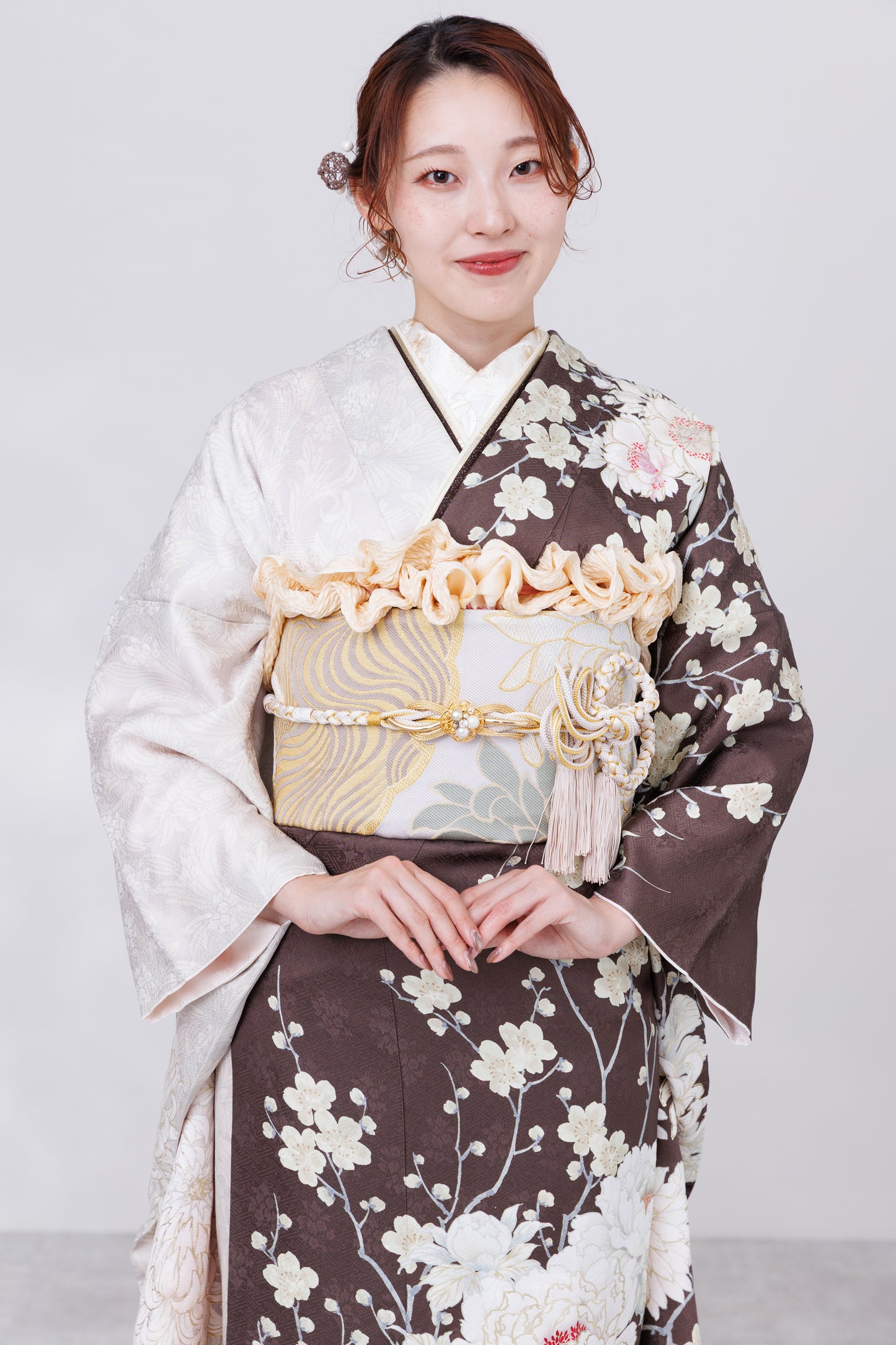 ブラウン　乱菊　牡丹　正絹振袖【804】