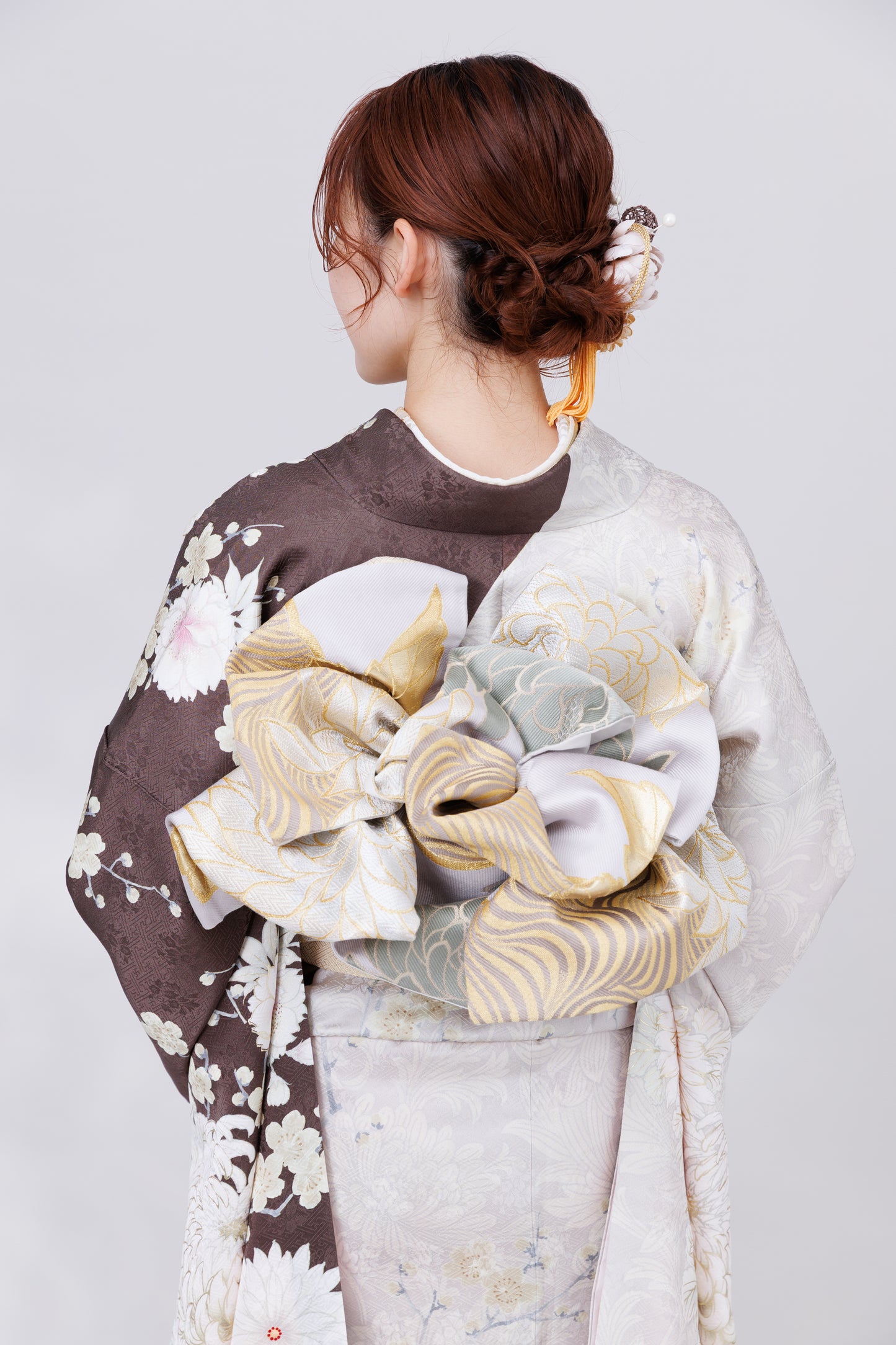 ブラウン　乱菊　牡丹　正絹振袖【804】