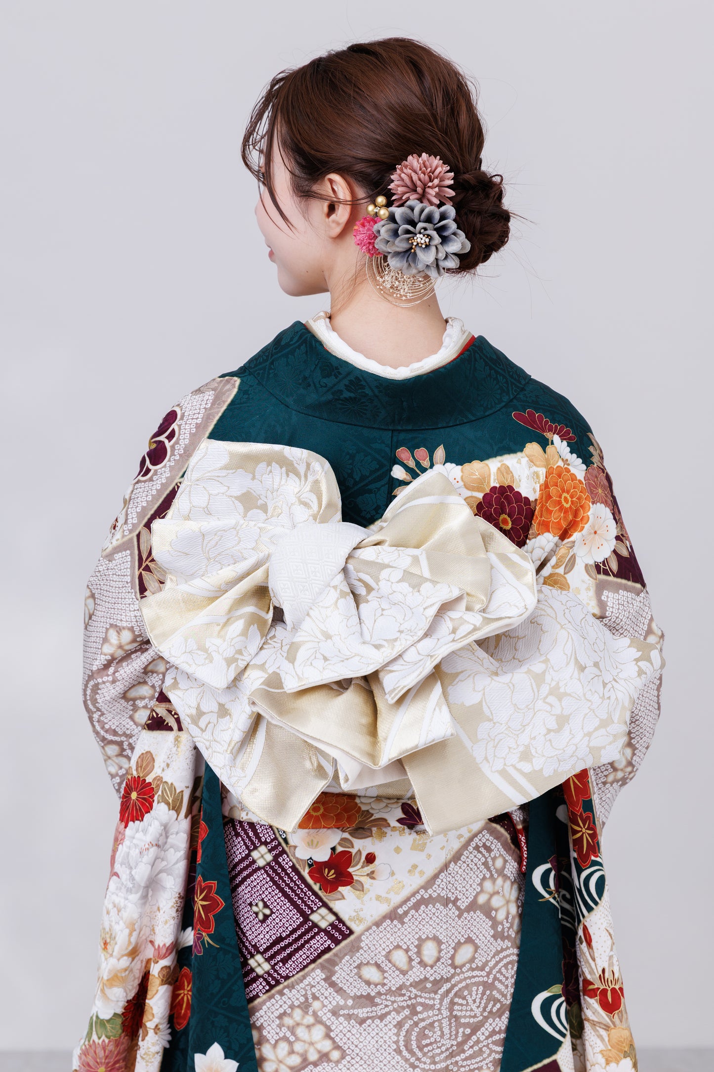 緑地　梅・松　鹿の子柄　正絹振袖【841】