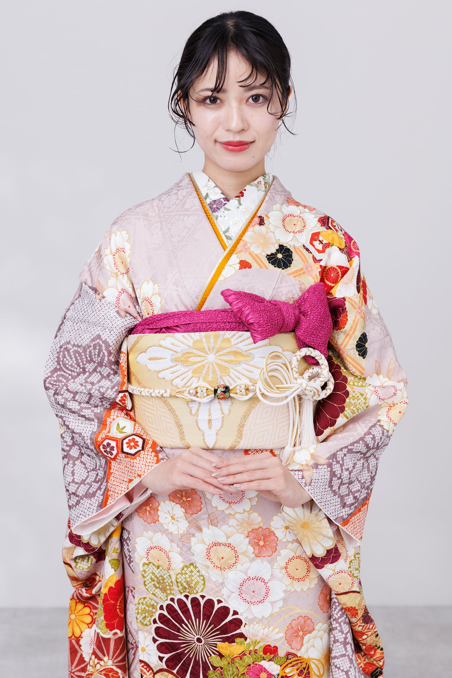 くすみピンク　丸菊　古典　正絹振袖【840】