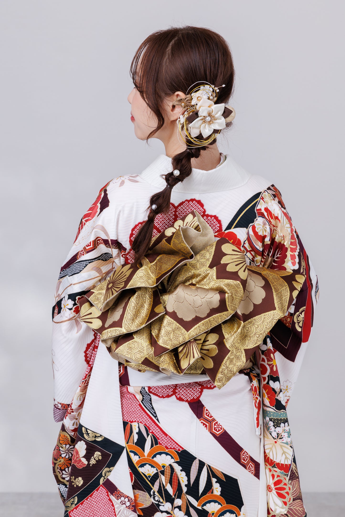 白地　鴛鴦　古典柄　正絹振袖【846】