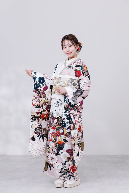 白地　くすみピンク　菊・梅　正絹振袖【817】