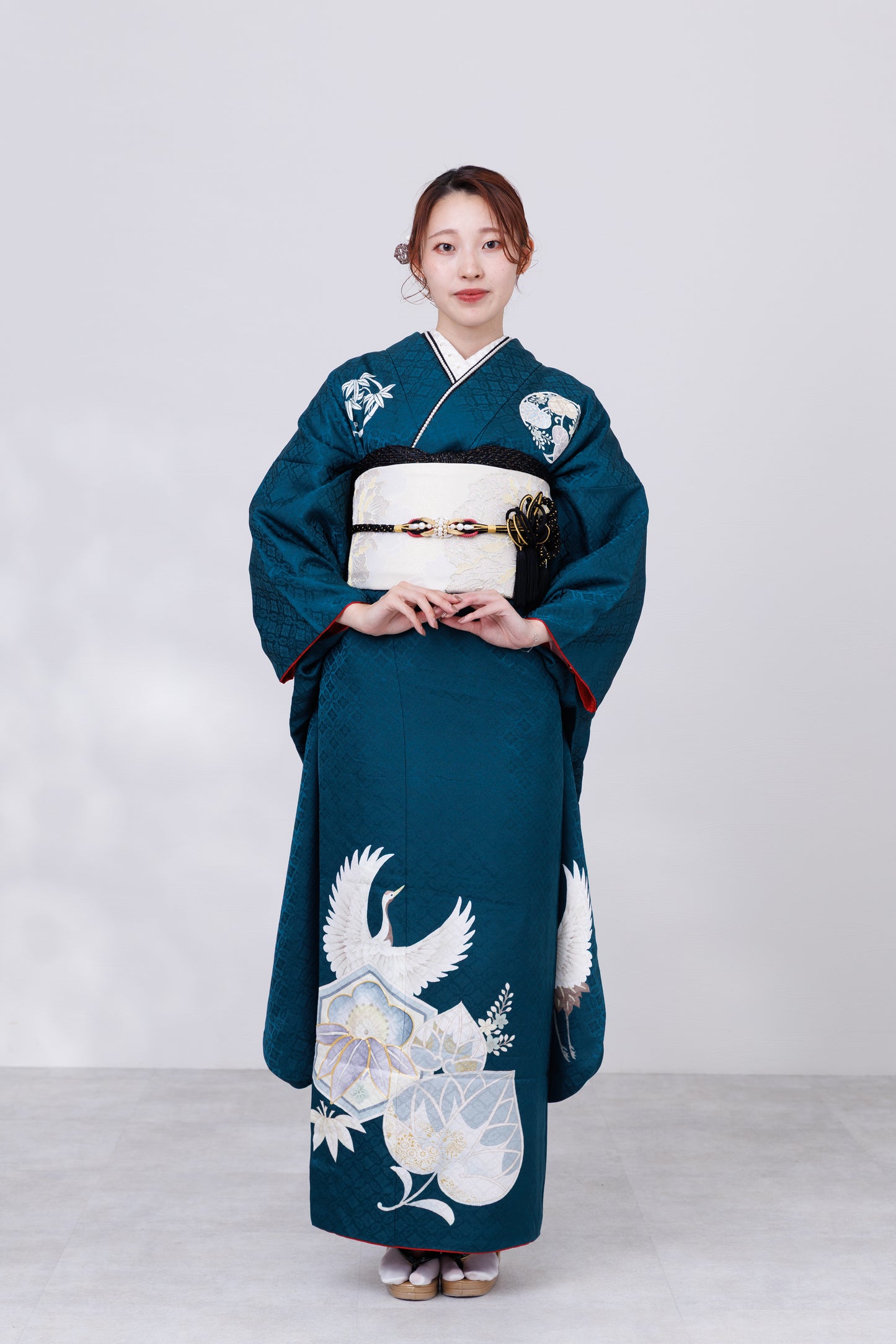 青緑地　鶴　正絹振袖【807】BB