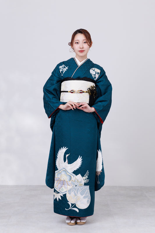青緑地　鶴　正絹振袖【807】BB
