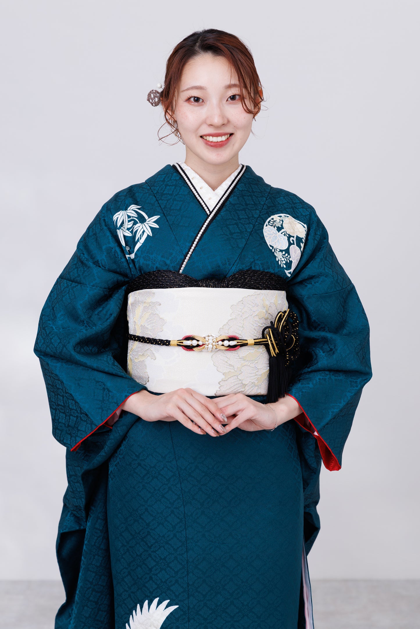 青緑地　鶴　正絹振袖【807】BB