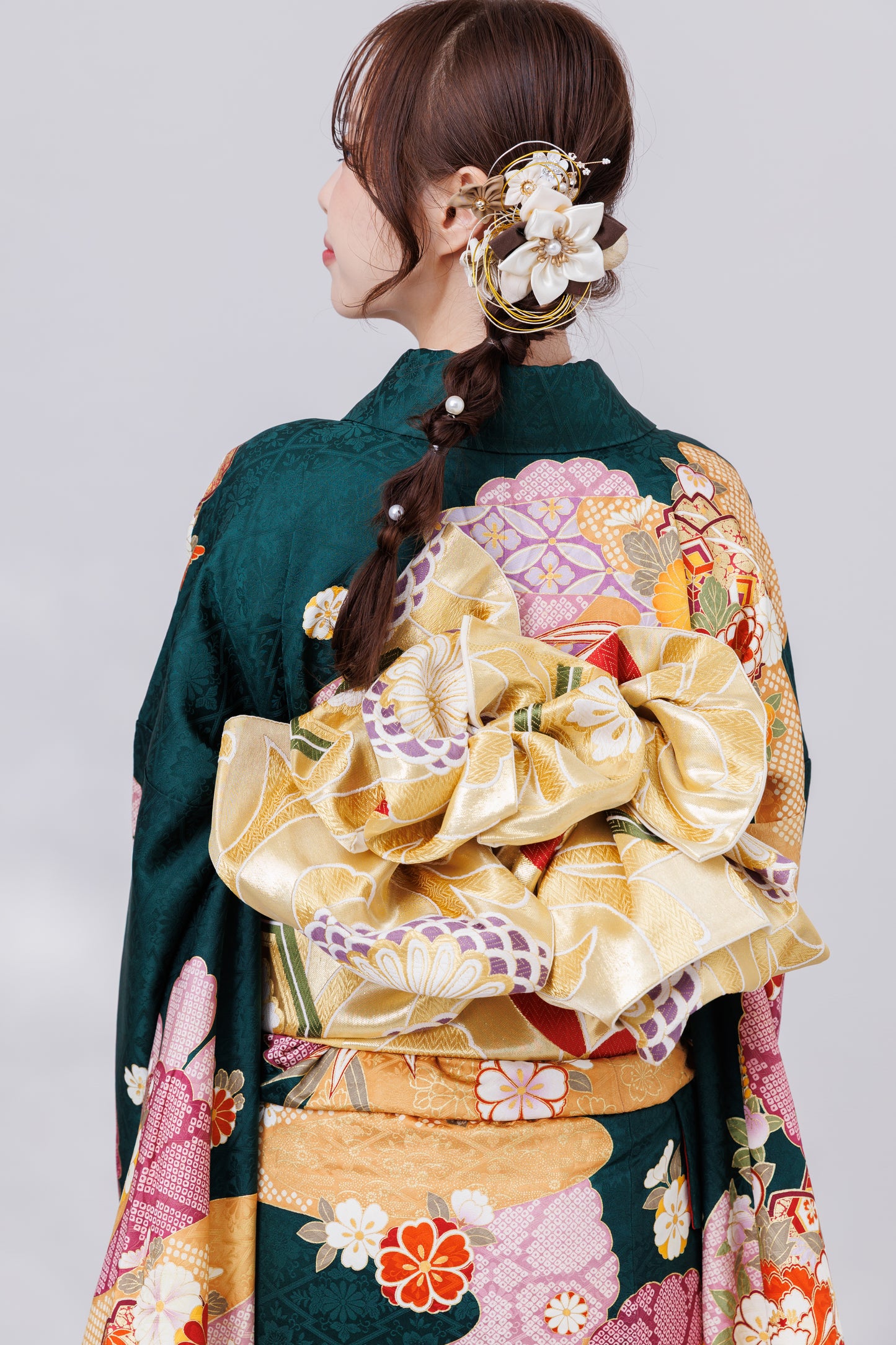 緑地　牡丹・桜・菊　正絹振袖【812】