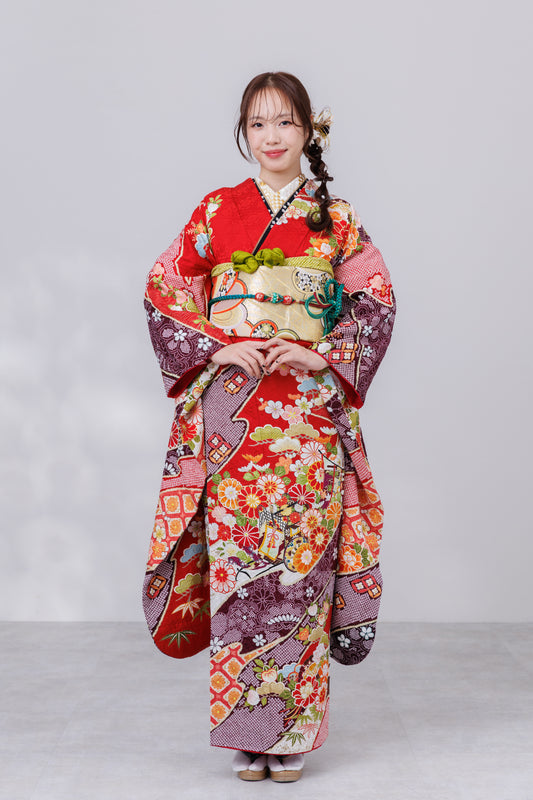 赤地　菊・御所車　絞り【825】