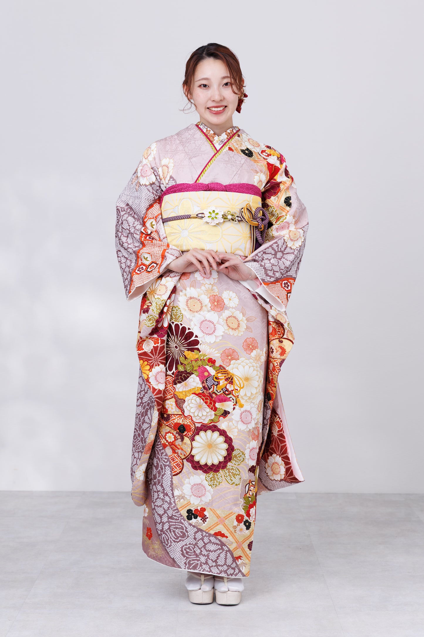 くすみピンク　丸菊　古典　正絹振袖【845】