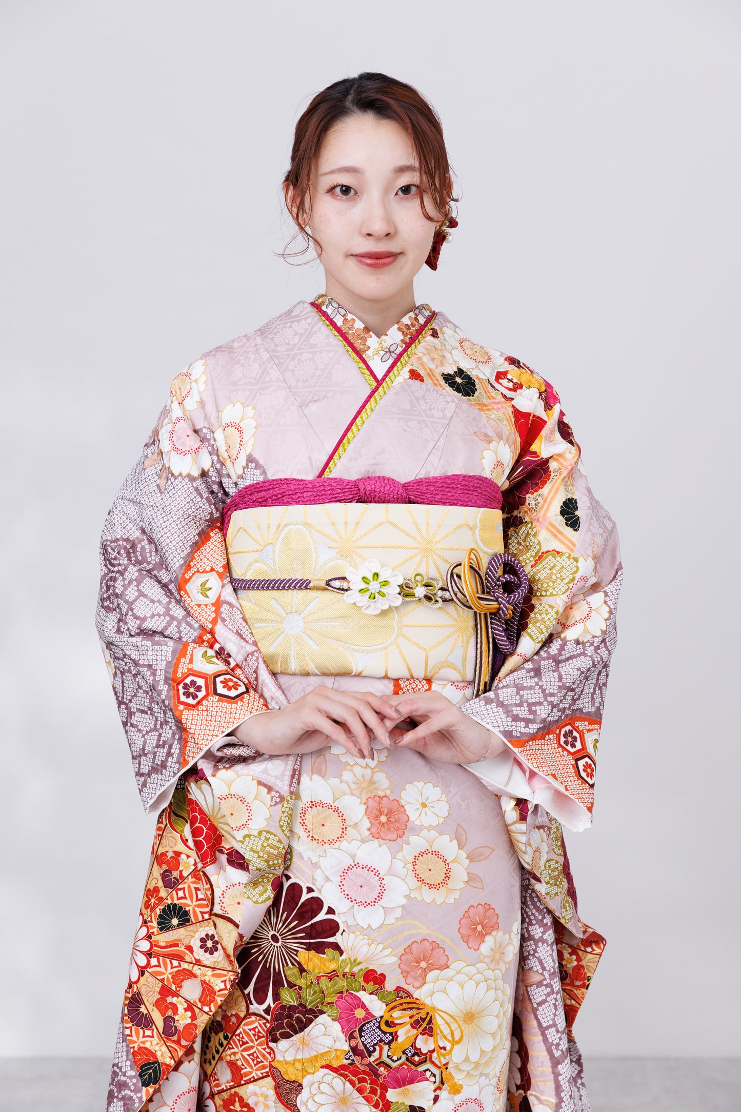 くすみピンク　丸菊　古典　正絹振袖【845】