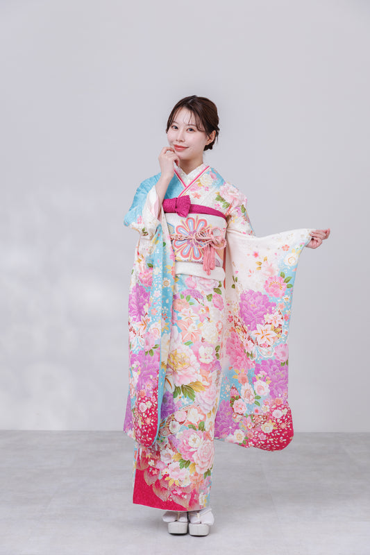 白地　薔薇・桜　正絹振袖【839】