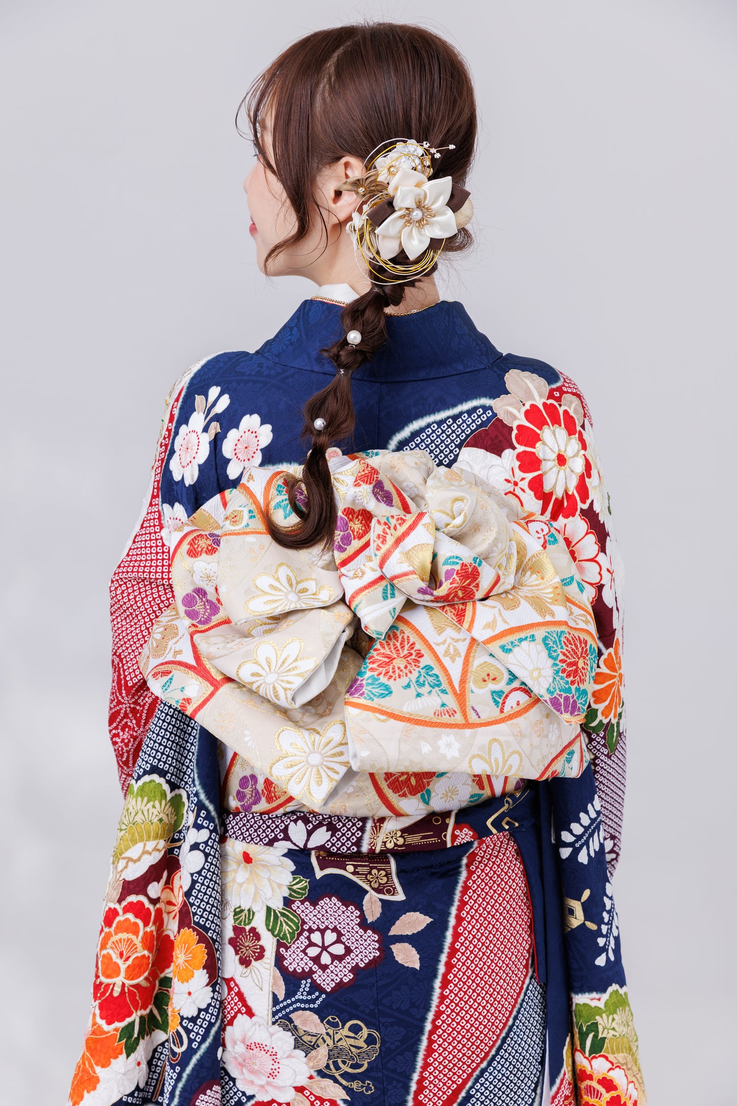 紺地　丸菊　しぼり　正絹振袖【811】