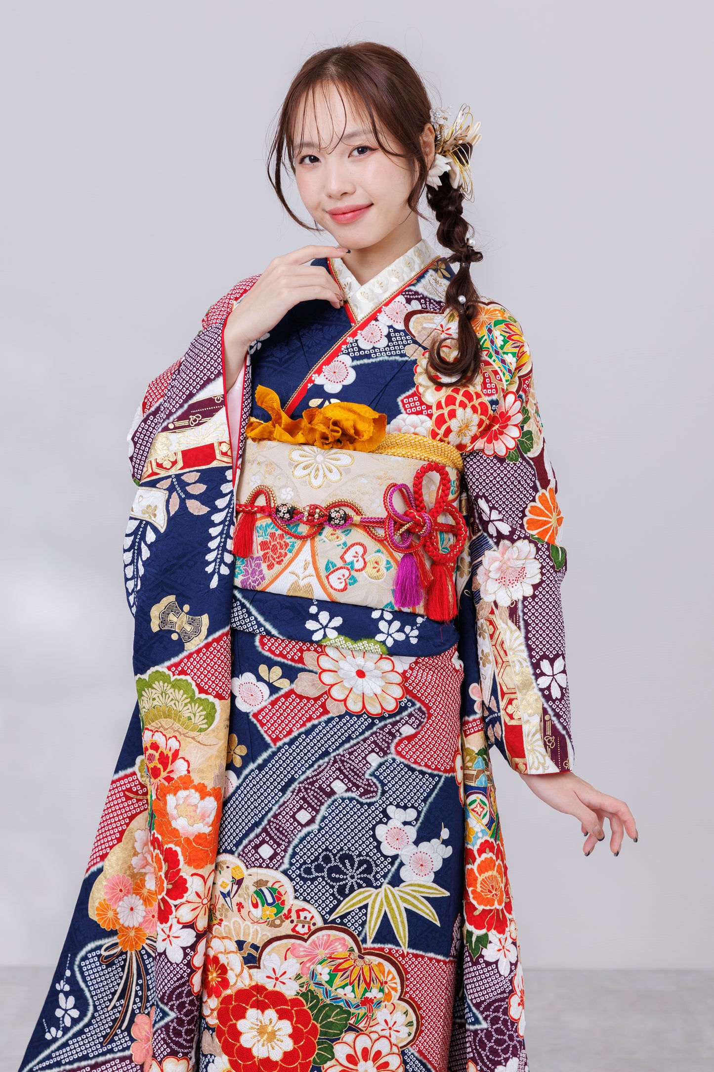 紺地　丸菊　しぼり　正絹振袖【811】