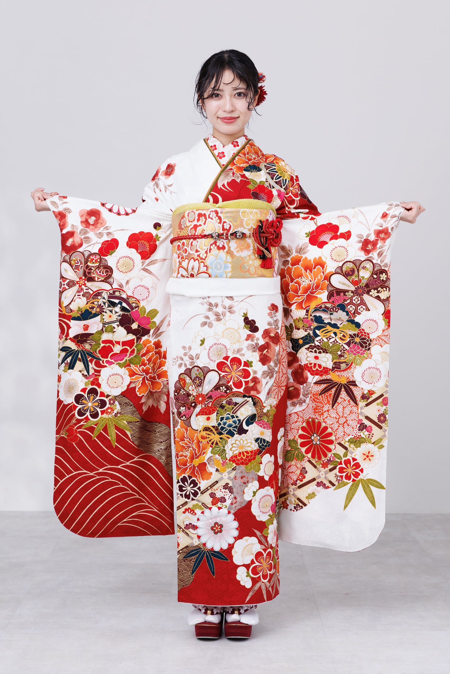 赤白　菊・梅　古典　正絹振袖【852】