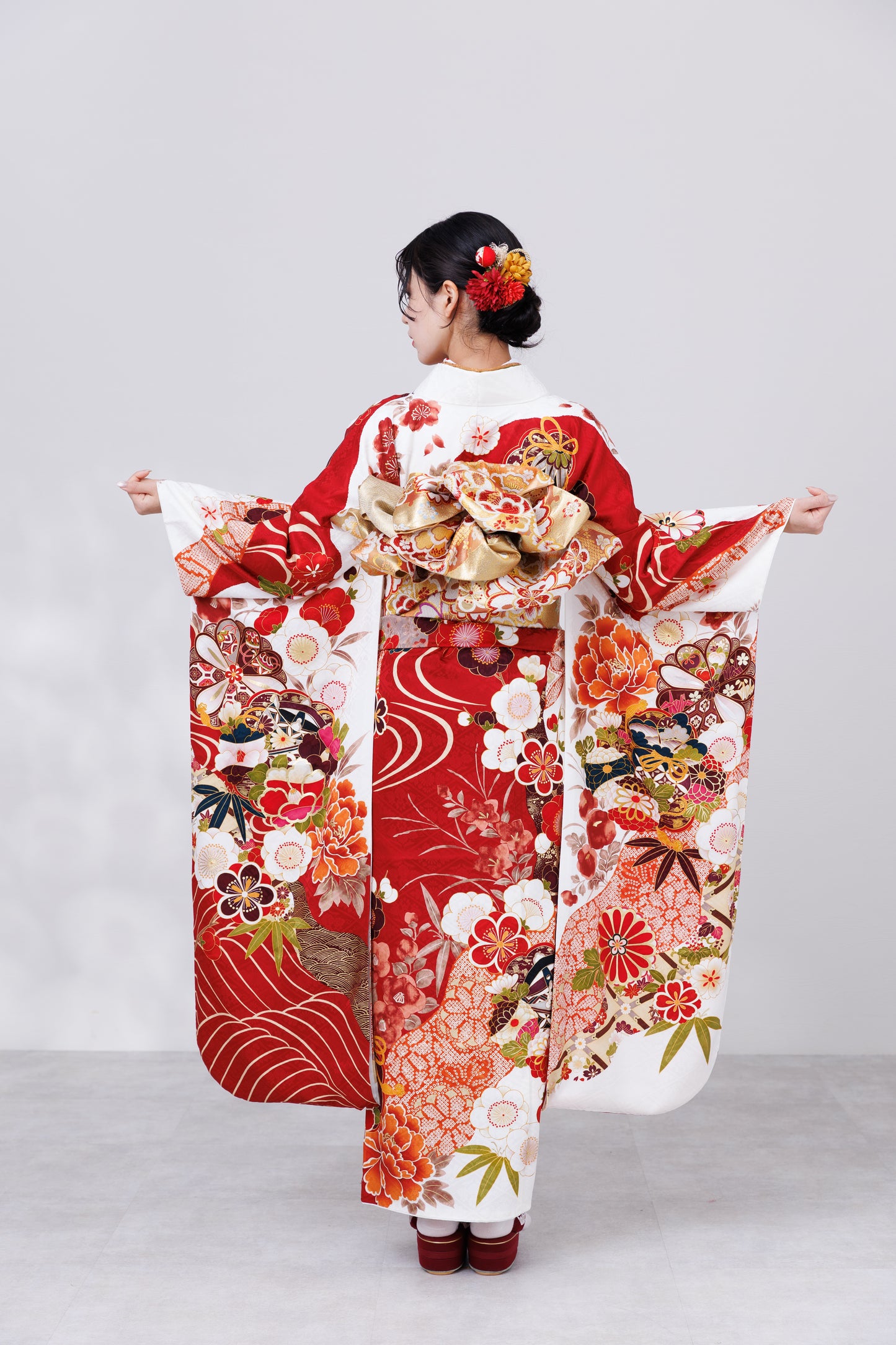赤白　菊・梅　古典　正絹振袖【852】