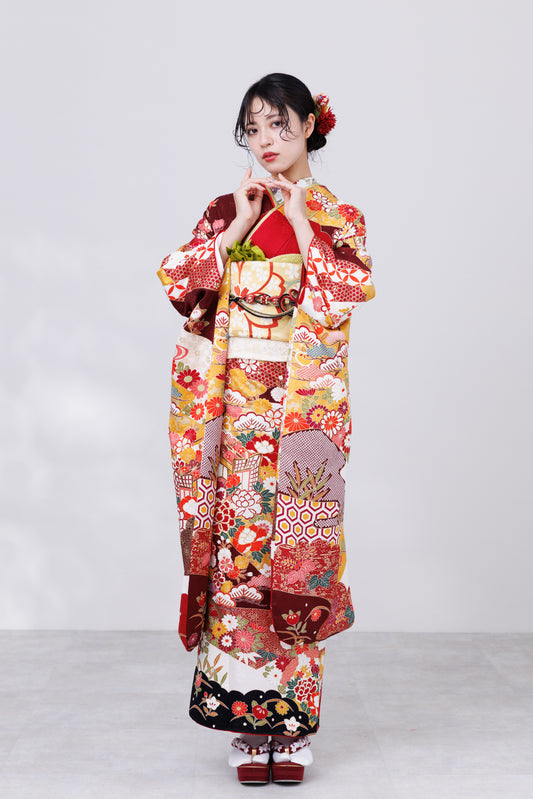 エンジ　桜・菊・牡丹　小花柄古典　正絹振袖【809】