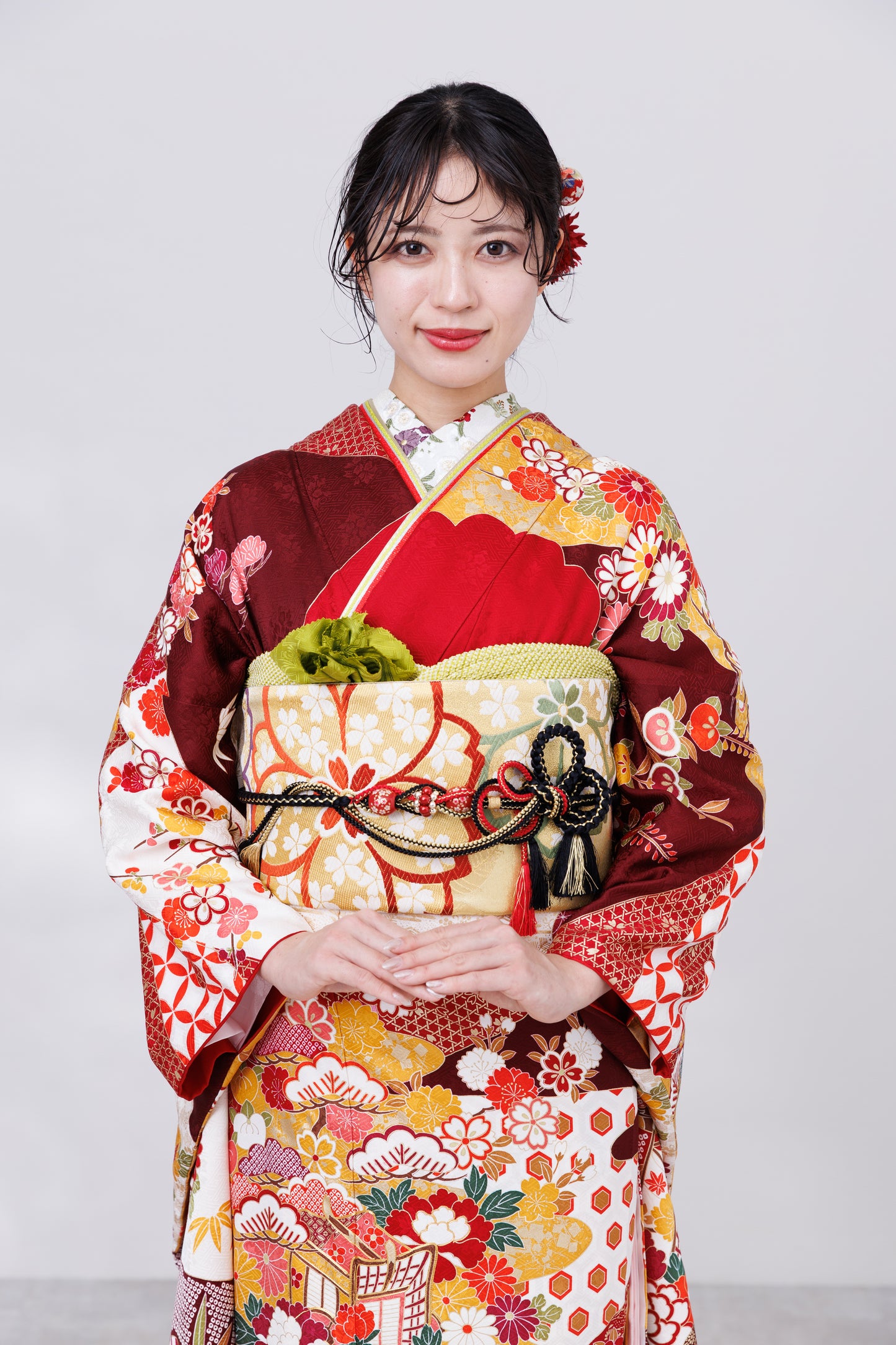 エンジ　桜・菊・牡丹　小花柄古典　正絹振袖【809】