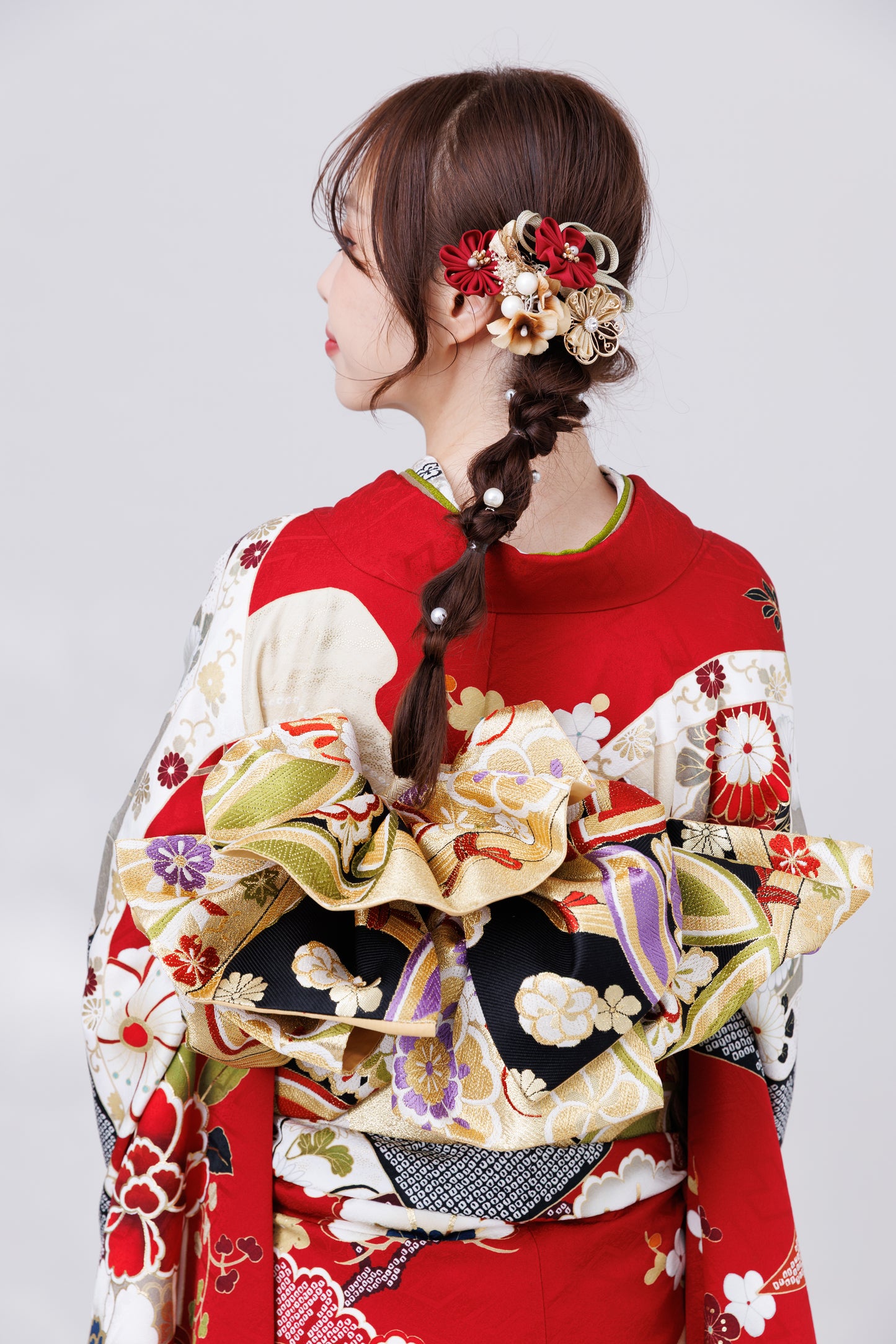 赤地　牡丹・桜　鹿の子柄　正絹振袖【831】