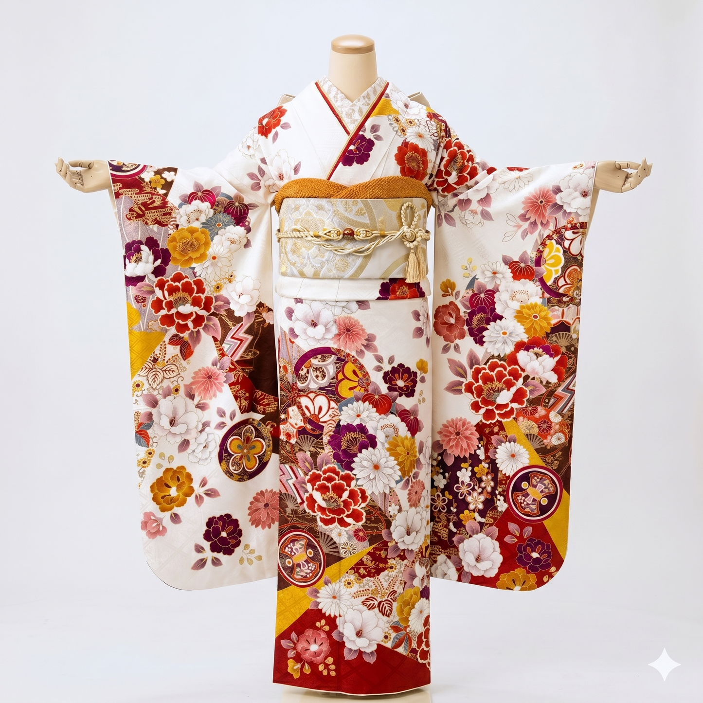 牡丹　菊　花菱　熨斗　正絹振袖【930】